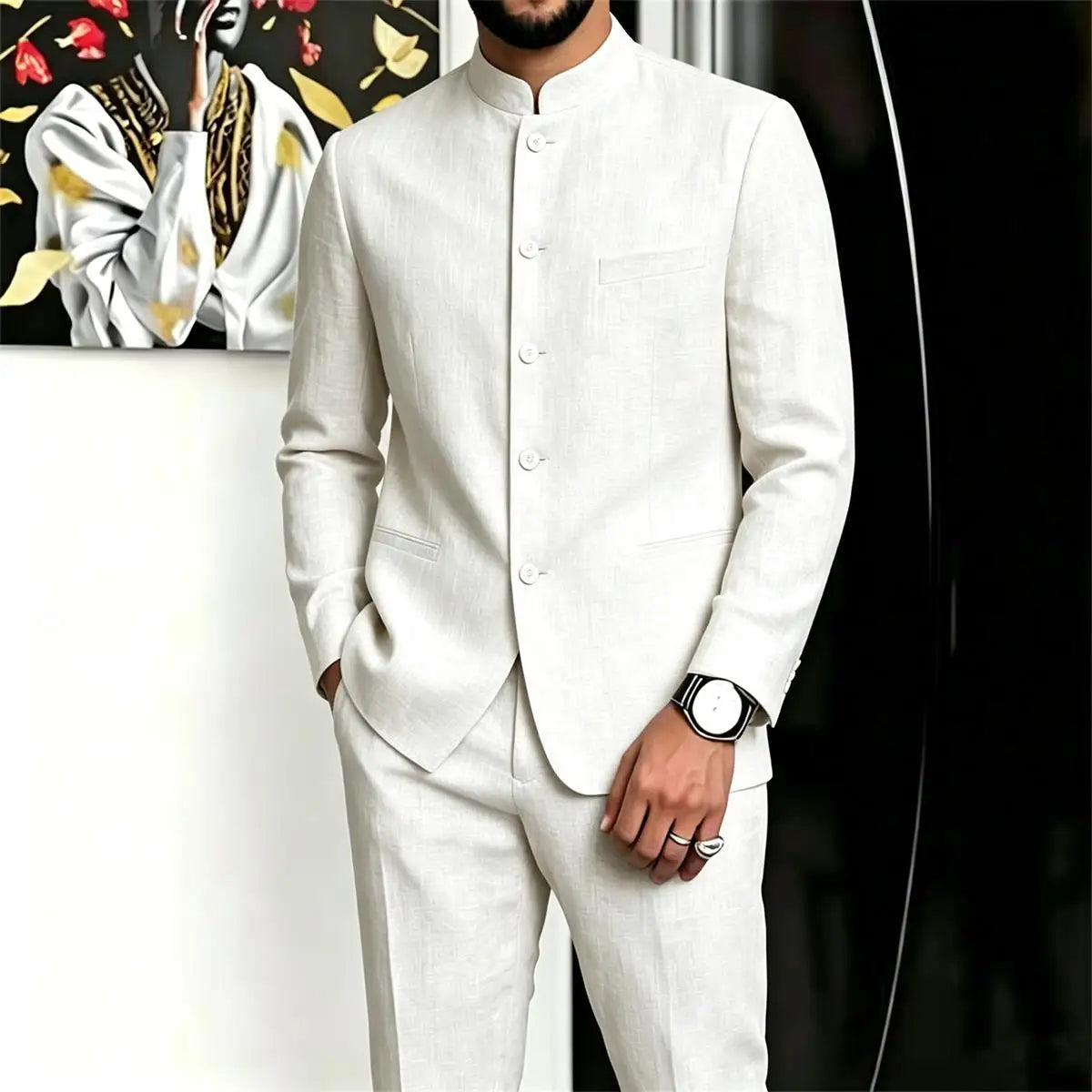 Chinese Suit for Men 2 Piece Suits Slim Fit Chinese Tunic Suits Stand Collar Weddig Prom Suit Blazer Pants Set Outfit