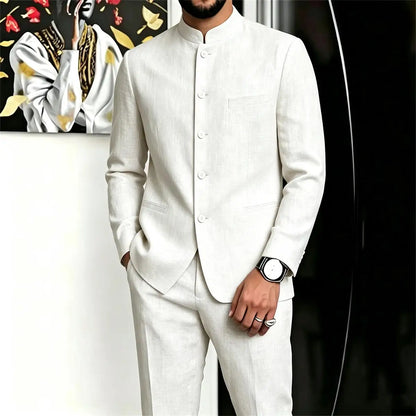 Chinese Suit for Men 2 Piece Suits Slim Fit Chinese Tunic Suits Stand Collar Weddig Prom Suit Blazer Pants Set Outfit