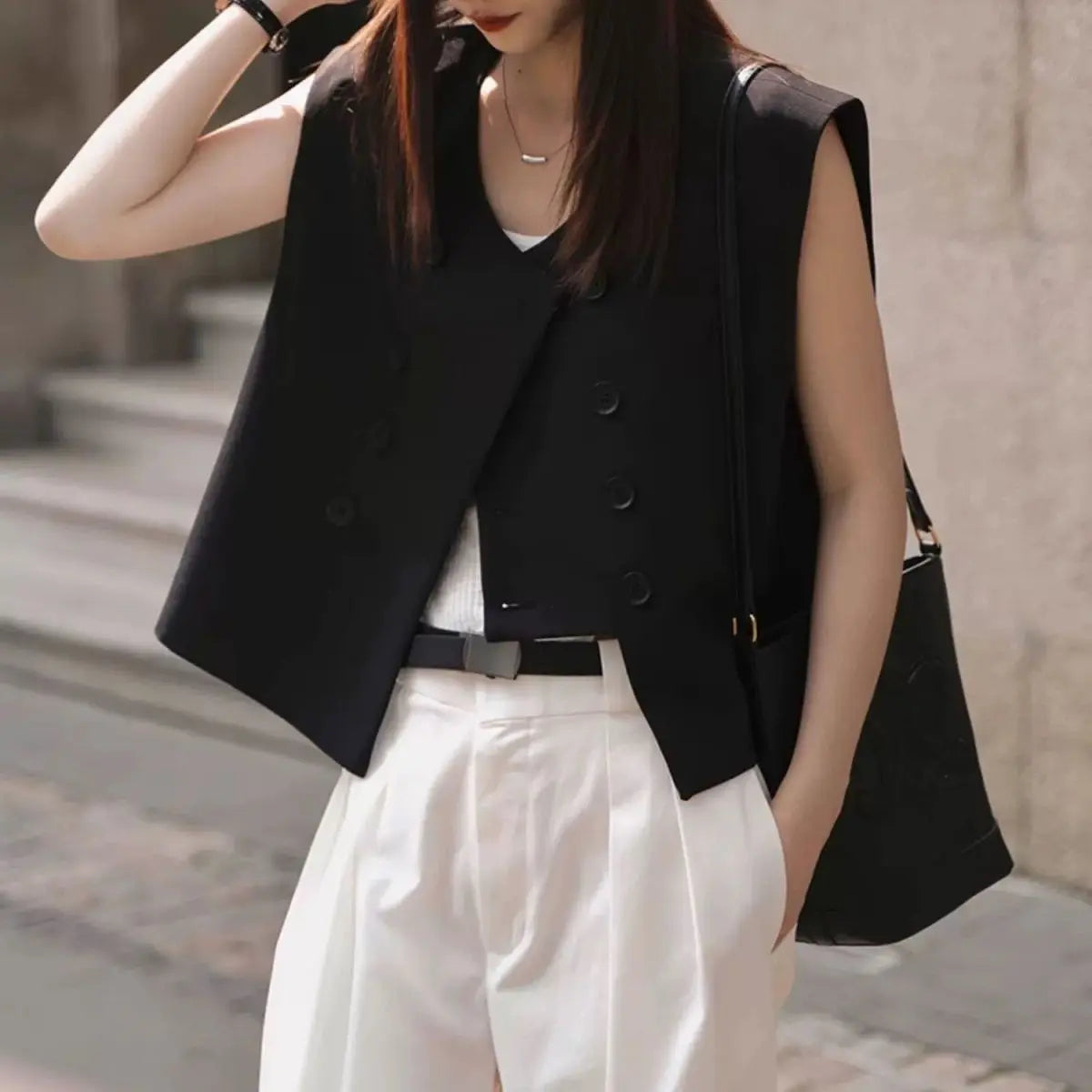 Black Suit Vest Jacket Women Irregular Top 2025 Spring Summer New Double Breasted Casual Thin Shoulder Waistcoat Female Clothes
