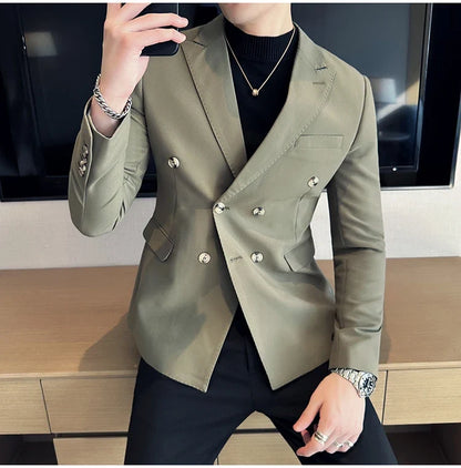 Autumn High-quality Double Breasted Slim Fit Suit Jacket Men Versatile Casual Business Blazer Wedding Social Banquet Formal Coat