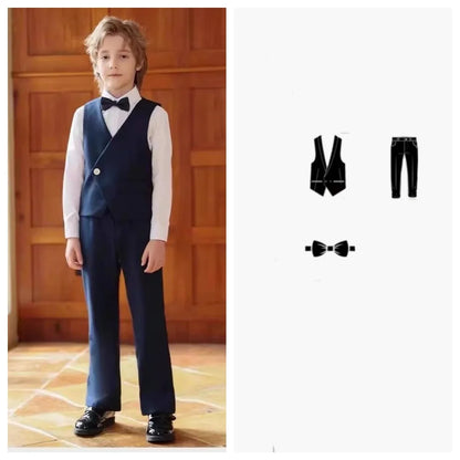 British Style Kids Piano Host Speech Performance Costume School Boys Vest Pants Bowtie 3Pieces Ceremony Clothing Set