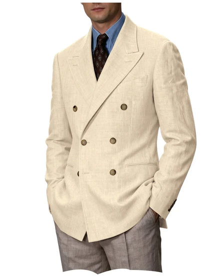 Men Linen Blazer Double Breasted Jacket Lightweight Soft Slim Coat For Business Wedding Casual Daily Party Vacation Dating