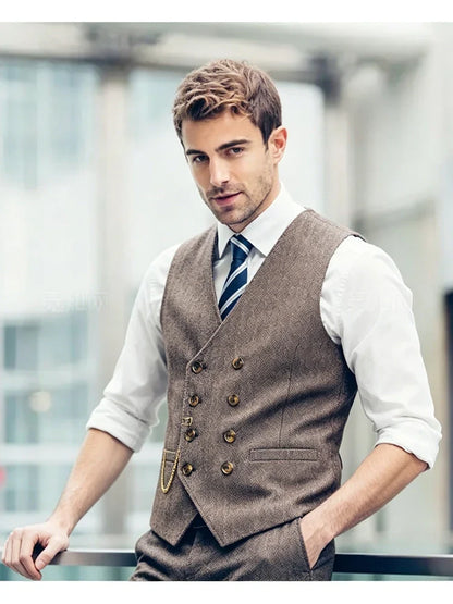 Men's Herringbone Vest – Double Breasted V-Neck Waistcoat for Weddings & Formal Occasions