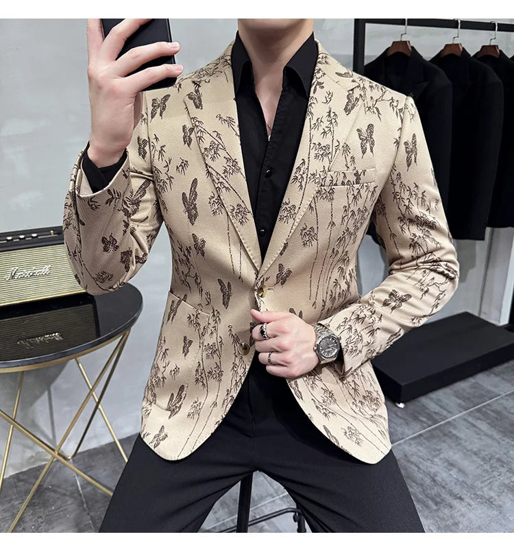 High-end Luxury Printed Slim Fit Suit Jacket For Men 2024 Autumn New Fashion Social Party Casual Suit Coat Swallowtail 4XL-M