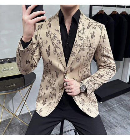 High-end Luxury Printed Slim Fit Suit Jacket For Men 2024 Autumn New Fashion Social Party Casual Suit Coat Swallowtail 4XL-M