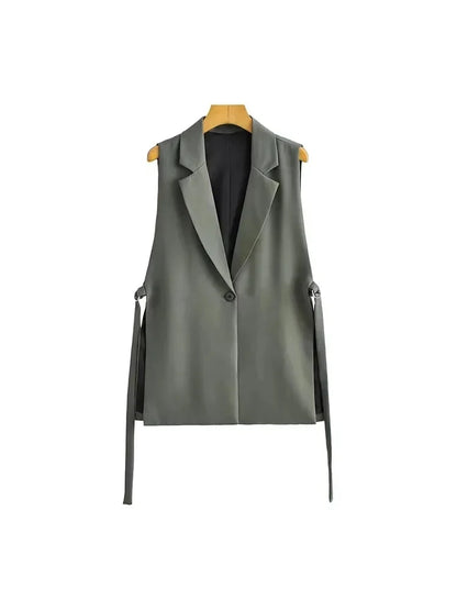 Women Fashion With Taps Side Vents Waistcoat Vintage Sleeveless Front Button Female Outerwear Chic Vest Tops