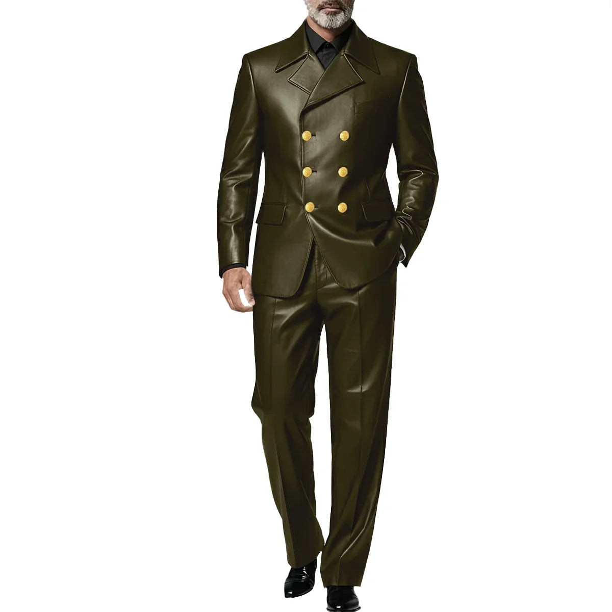 Men's Leather 2 Piece Suit Retro Double Breasted Peak Lapel Slim Fit Blazer Straight Leg Pants Formal Set Business Casual Weddin