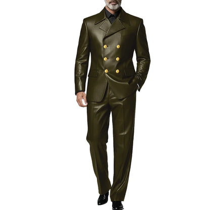 Men's Leather 2 Piece Suit Retro Double Breasted Peak Lapel Slim Fit Blazer Straight Leg Pants Formal Set Business Casual Weddin