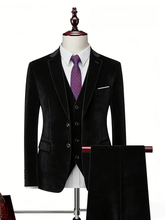 Notched lapel Men's Velvet Suits 3 Pieces Wedding Groom Sets Plus Size Long Sleeve Party Tuxedo XS-6XL Elegant Suit Set On Sale