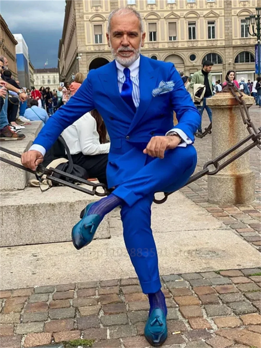 2 Pcs Male Slim Fit Royal Blue Blazer Set Formal Business Peak Lapel Men Suits Boutique Party Wedding Tuxedo (Jacket+Pants)