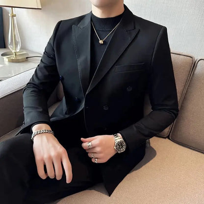 Autumn High-quality Double Breasted Slim Fit Suit Jacket Men Versatile Casual Business Blazer Wedding Social Banquet Formal Coat