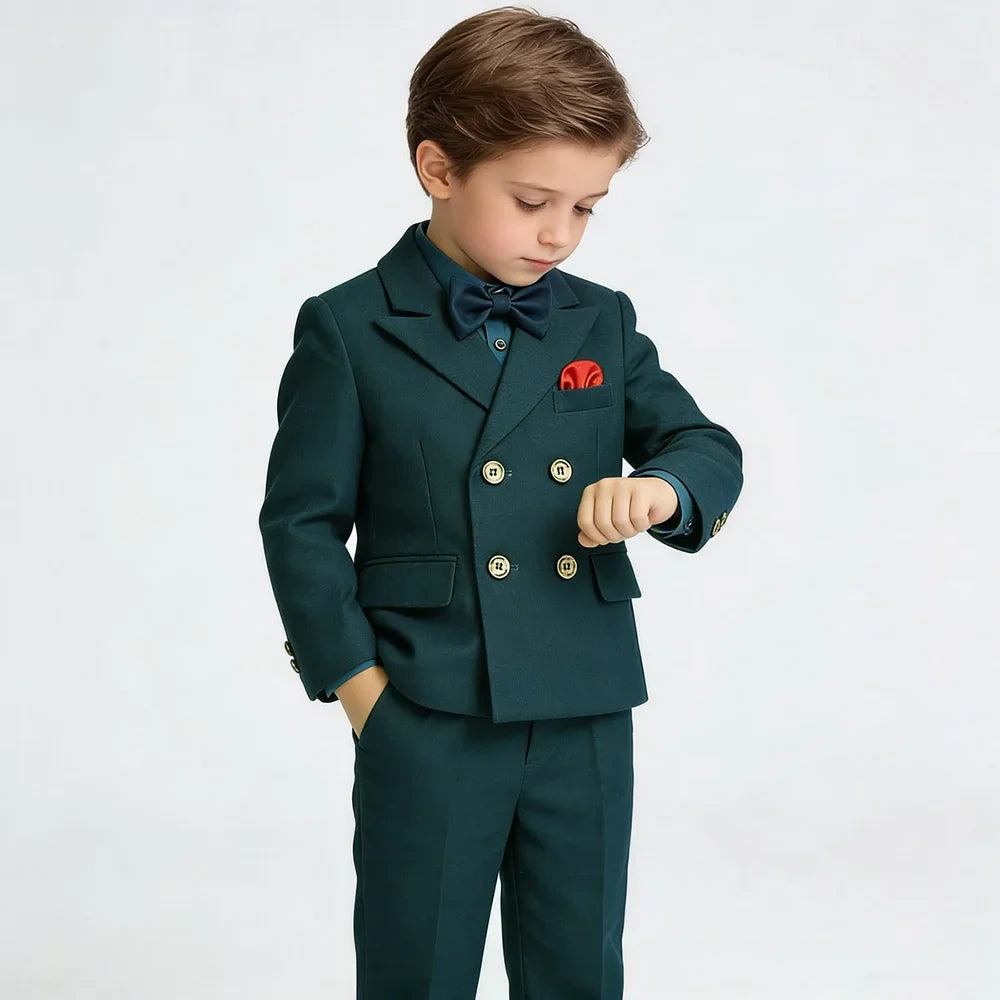 Dark Green Boy Suit Double Breasted Peak Lapel Regular  Fit Formal Kids Clothing Wedding Birthday Party Fashion Child Set