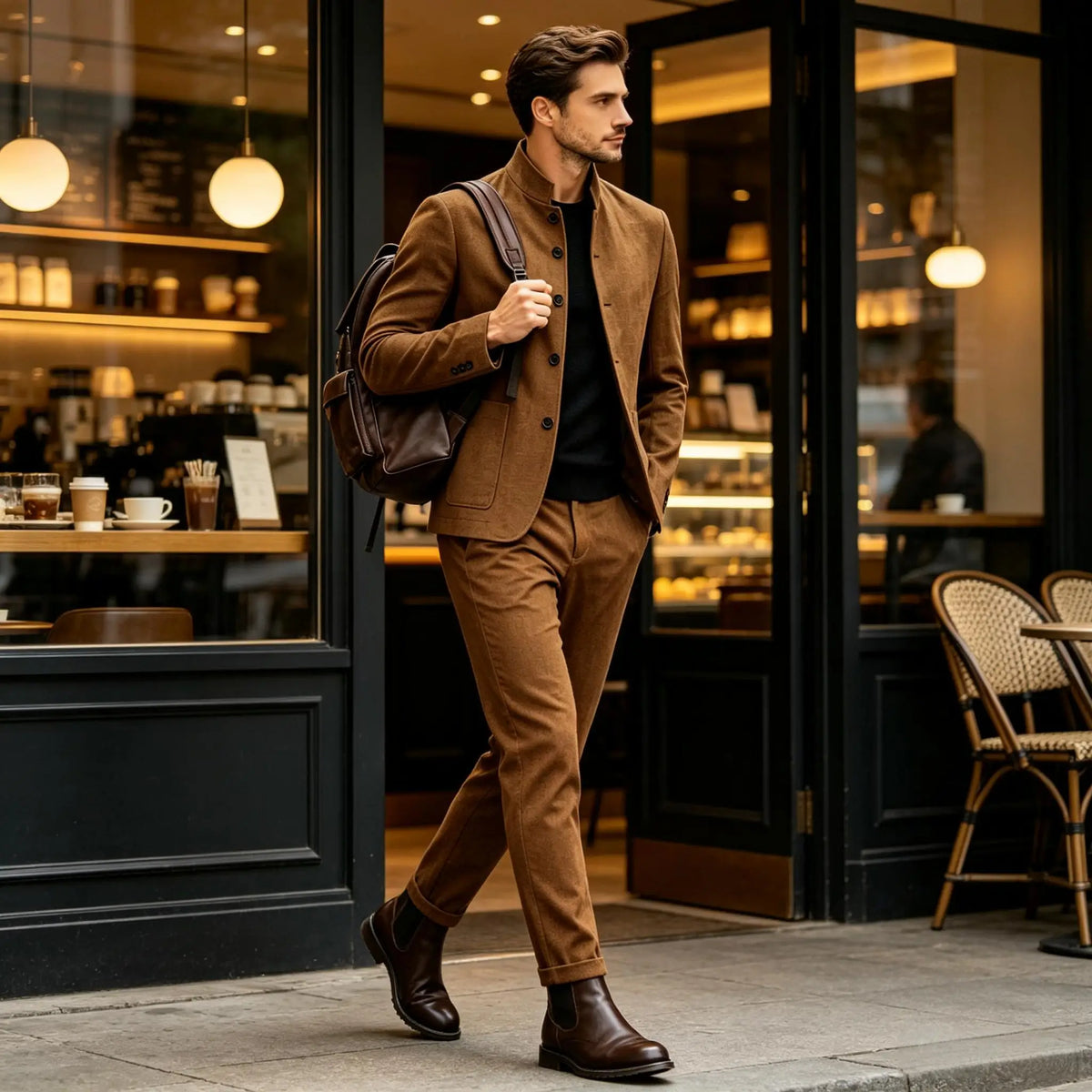 Men Stand Collar Linen Blazer Set Slim Fit 2 Pieces Jacket Pants Breathable Wrinkle‑Resistant Vintage Casual Business Outerwear