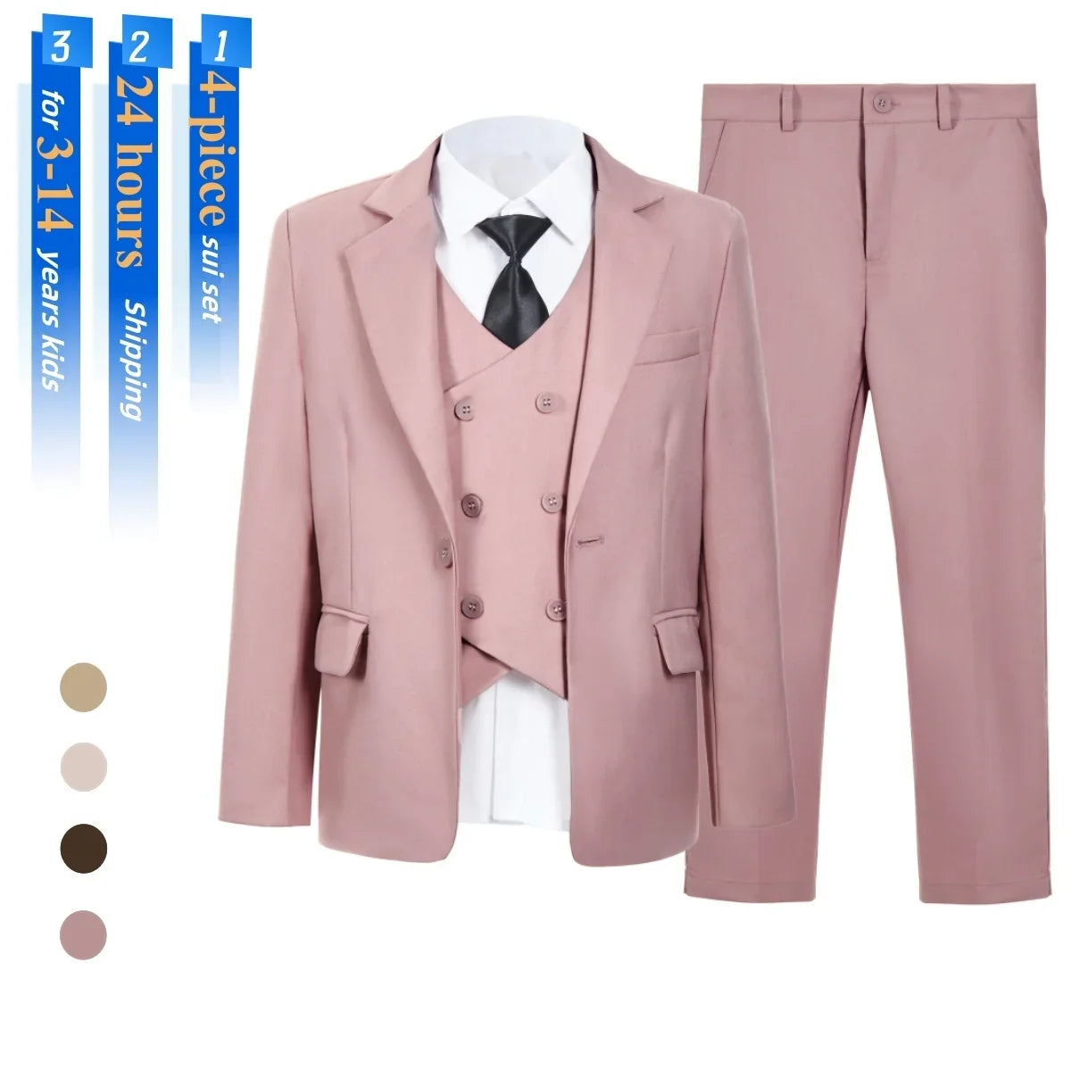 Boys Suit Set 4-Piece Formal Tuxedo for Kids Wedding Pageant Party Ages 3–14