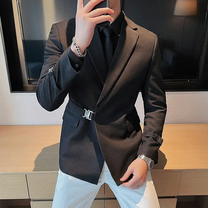 Men's Slim Fit Blazer Metal Buckle Decoration Smart Casual Wedding Party Jacket