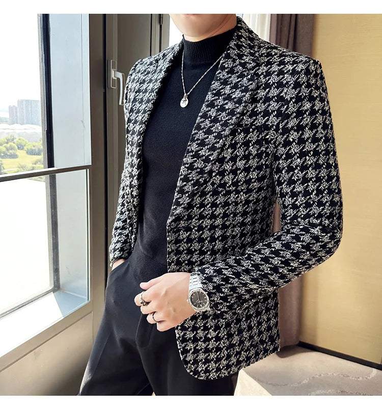 2023 Autumn Winter Plaid Men Blazers Thickened Casual Business Suits Jackets Single Buckle Wedding Groom Streetwear Social Coat