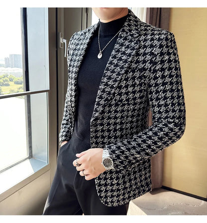 2023 Autumn Winter Plaid Men Blazers Thickened Casual Business Suits Jackets Single Buckle Wedding Groom Streetwear Social Coat