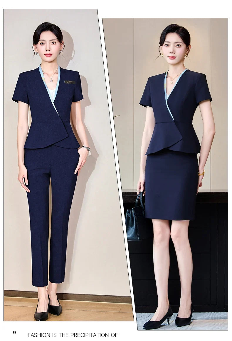 Fashionable professional women's clothing, high-quality short-sleeved suit jacket + pants set, slim and comfortable