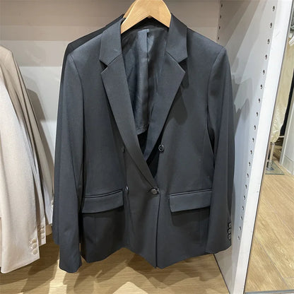 Spring Autumn New Women Blazer Notched Collar Double Breasted Pockets Elegant Fashion Office Lady Jacket Chic Coats HK13020