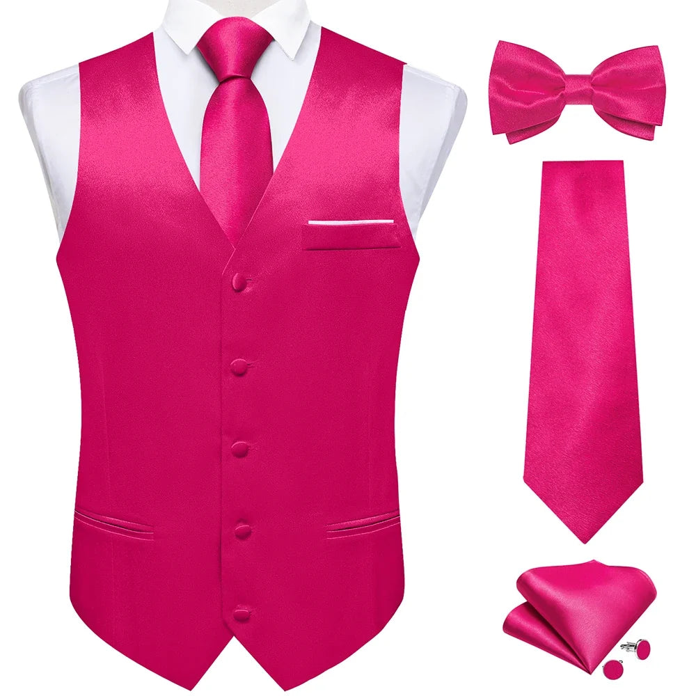 Men's Satin Suit Vest Set with Necktie Bow Tie Handkerchief and Cufflinks for Wedding and Formal Occasions