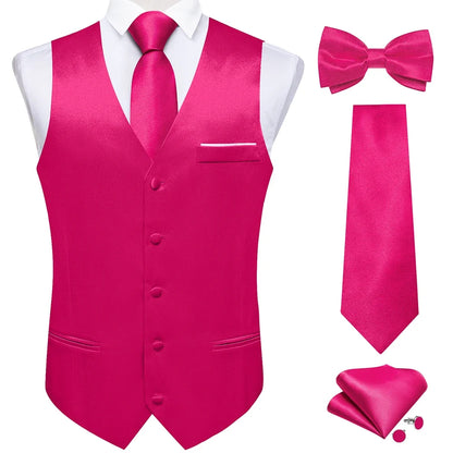 Men's Satin Suit Vest Set with Necktie Bow Tie Handkerchief and Cufflinks for Wedding and Formal Occasions