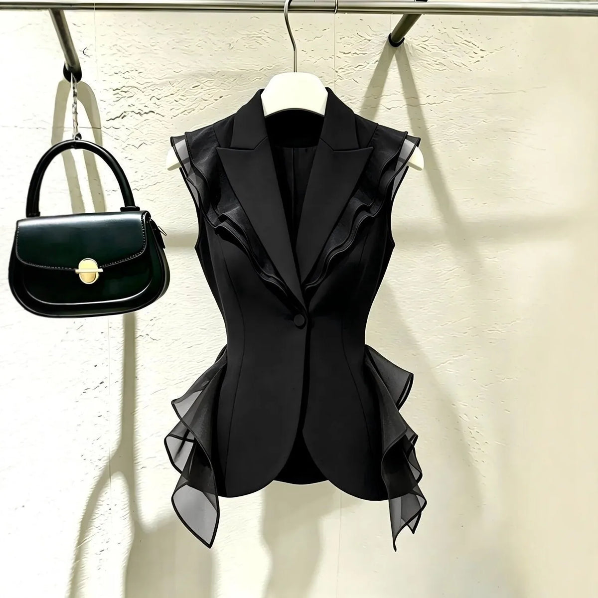2026 New Black Suit Vest Female Summer Korean Fashion Spliced Flounces Sleeveless Blazers Jacket Waistcoat Women Outerwear Tops