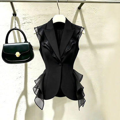 2026 New Black Suit Vest Female Summer Korean Fashion Spliced Flounces Sleeveless Blazers Jacket Waistcoat Women Outerwear Tops