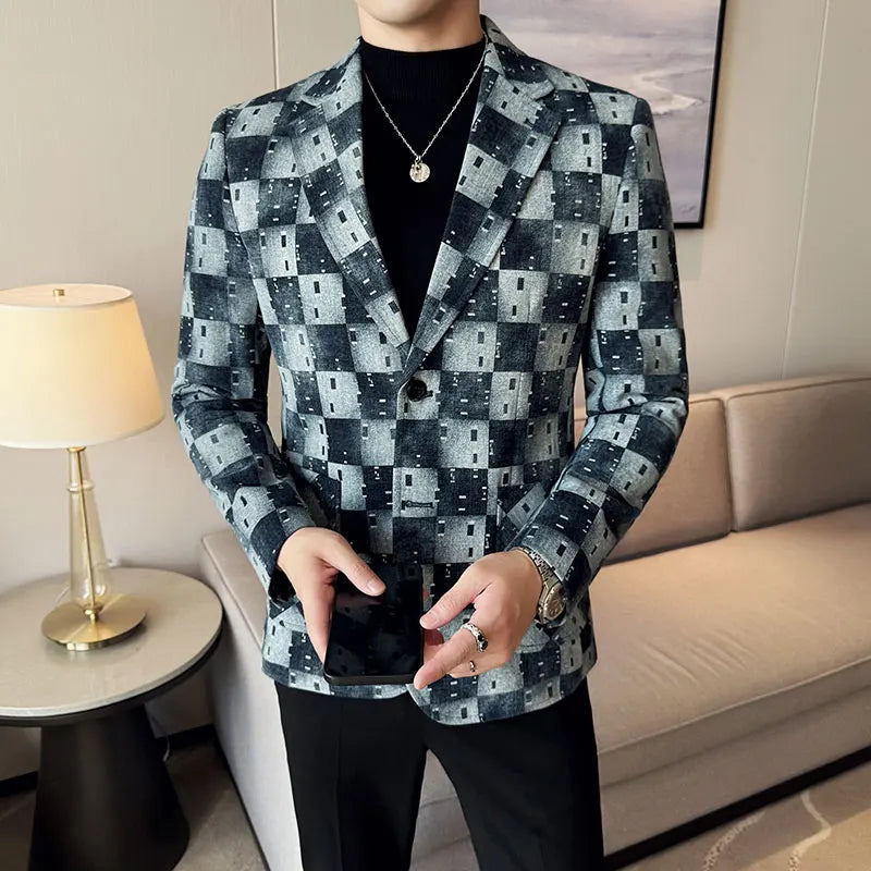 New High Qualitys Denim Jacquard Suit Jacket Men Slim Fit Business Social Formal Social Suit Coats Tailcoats Men Clothes 4XL-M