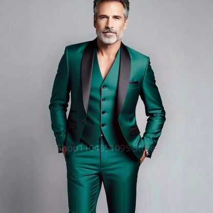 Classic Style 3 Piece Slim Fit Green Men Suit Groom Tuxedos Shawl Lapel Single Breasted Blazer Vest Pants Set Party Men Clothing