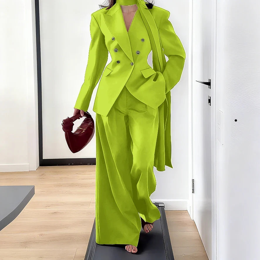 Elegant Women Double Breasted Suit Set Double Breasted Peaked Lapel Blazer+Pants Daily Slim Fit Office Evening Party Outerwears