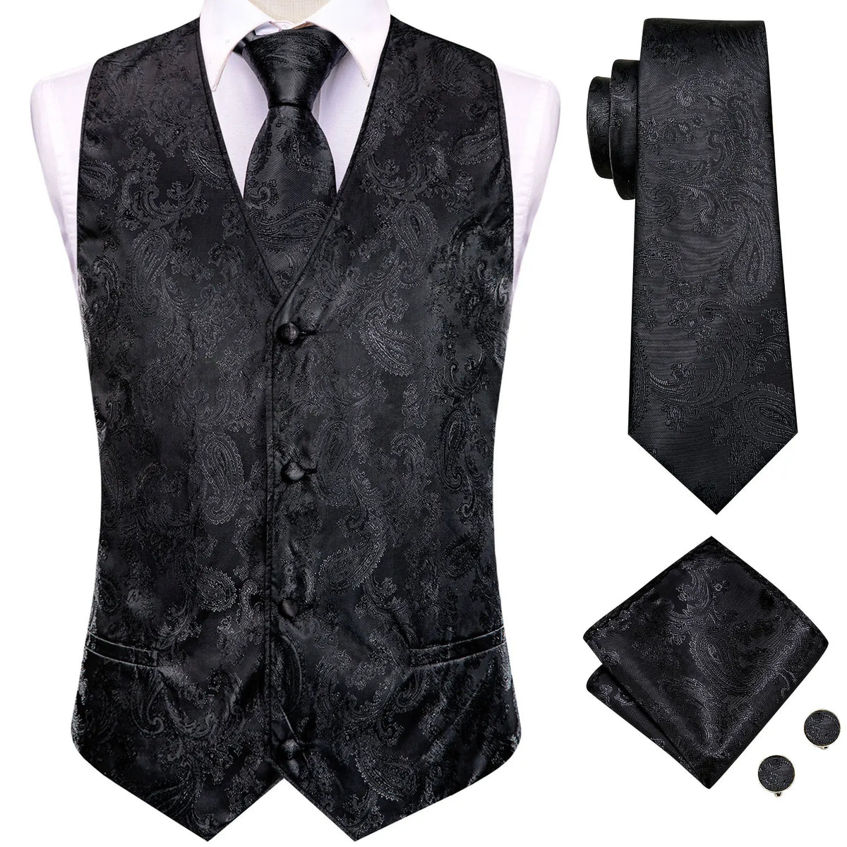 Men's Suit Vest 4-Piece Set | Woven Paisley Waistcoat with Tie, Pocket Square & Cufflinks | Wedding & Business Formal