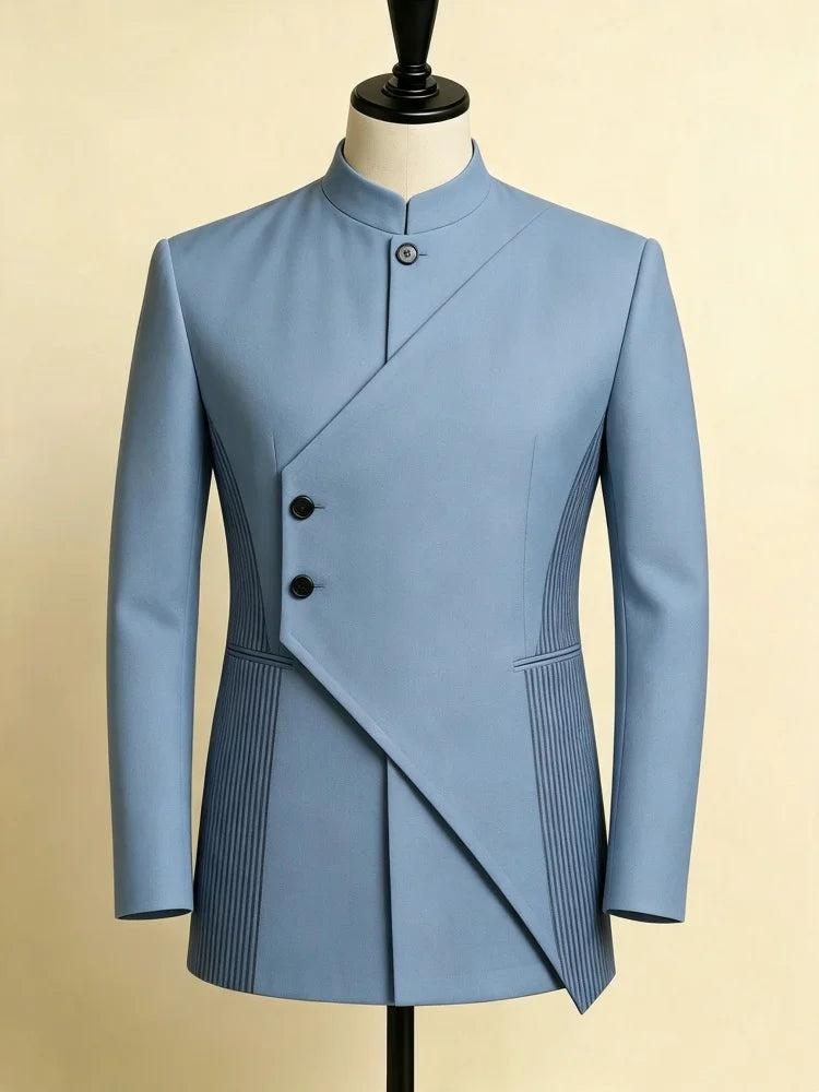 Men Button Single Blazer Slim Fit Plain Light Blue Stand Collar Fashion Business Outer Coat Vertical Texture Side Panels