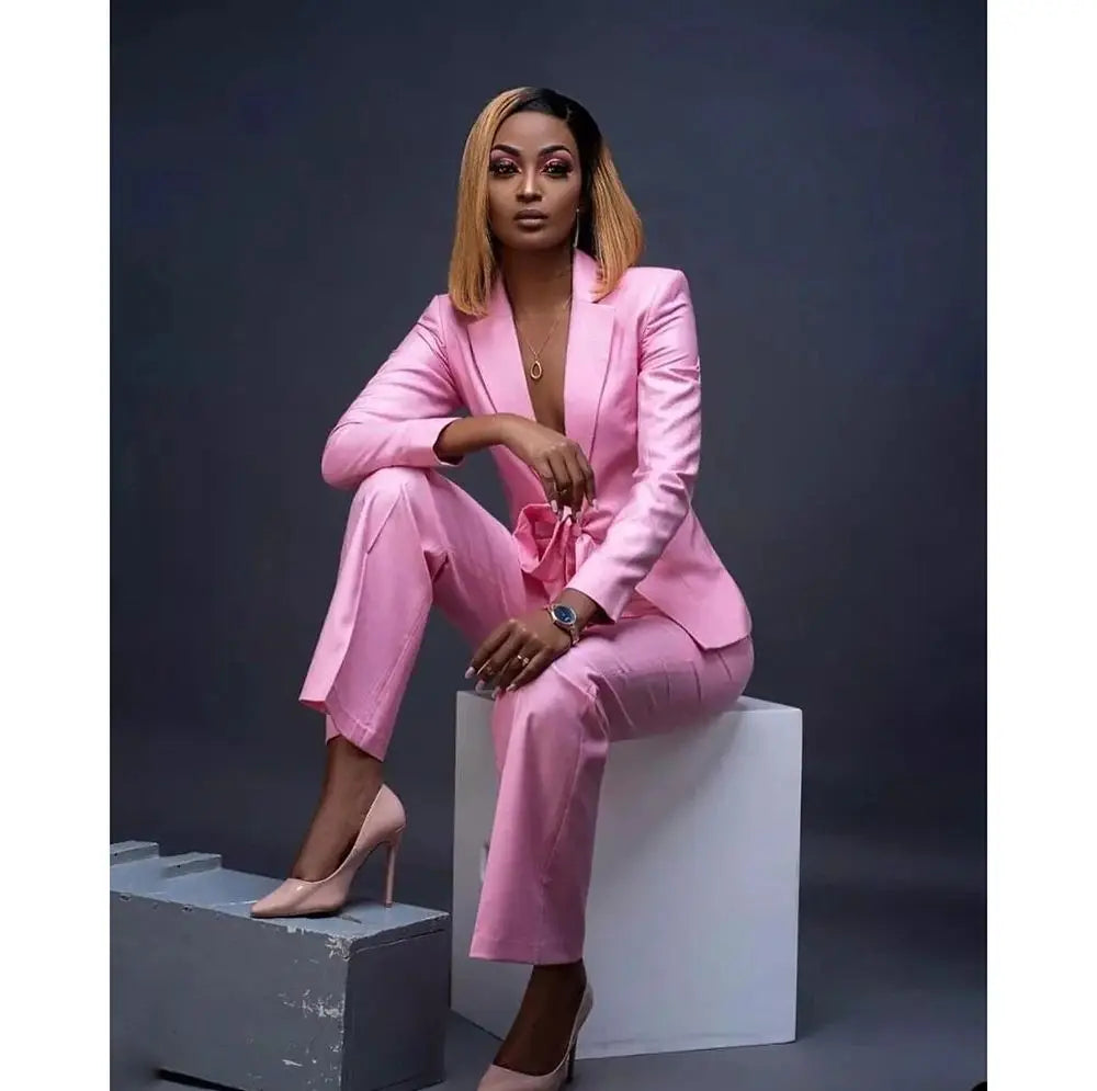 Casual Hot Pink Ladies Suits For Wedding Evening Party Mother of the Bride Blazer 2 Pcs(Jacket+Pants)