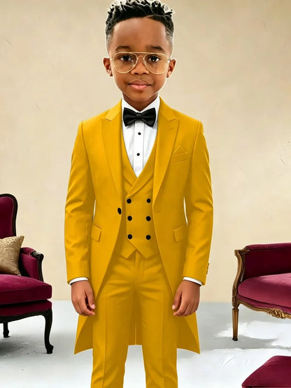 New Boys Long Jacket Vest Pants 3 Pieces Suits Piano Performance Wear Classy Peak Lapel Kid Slim Fit Suit Set For Wedding