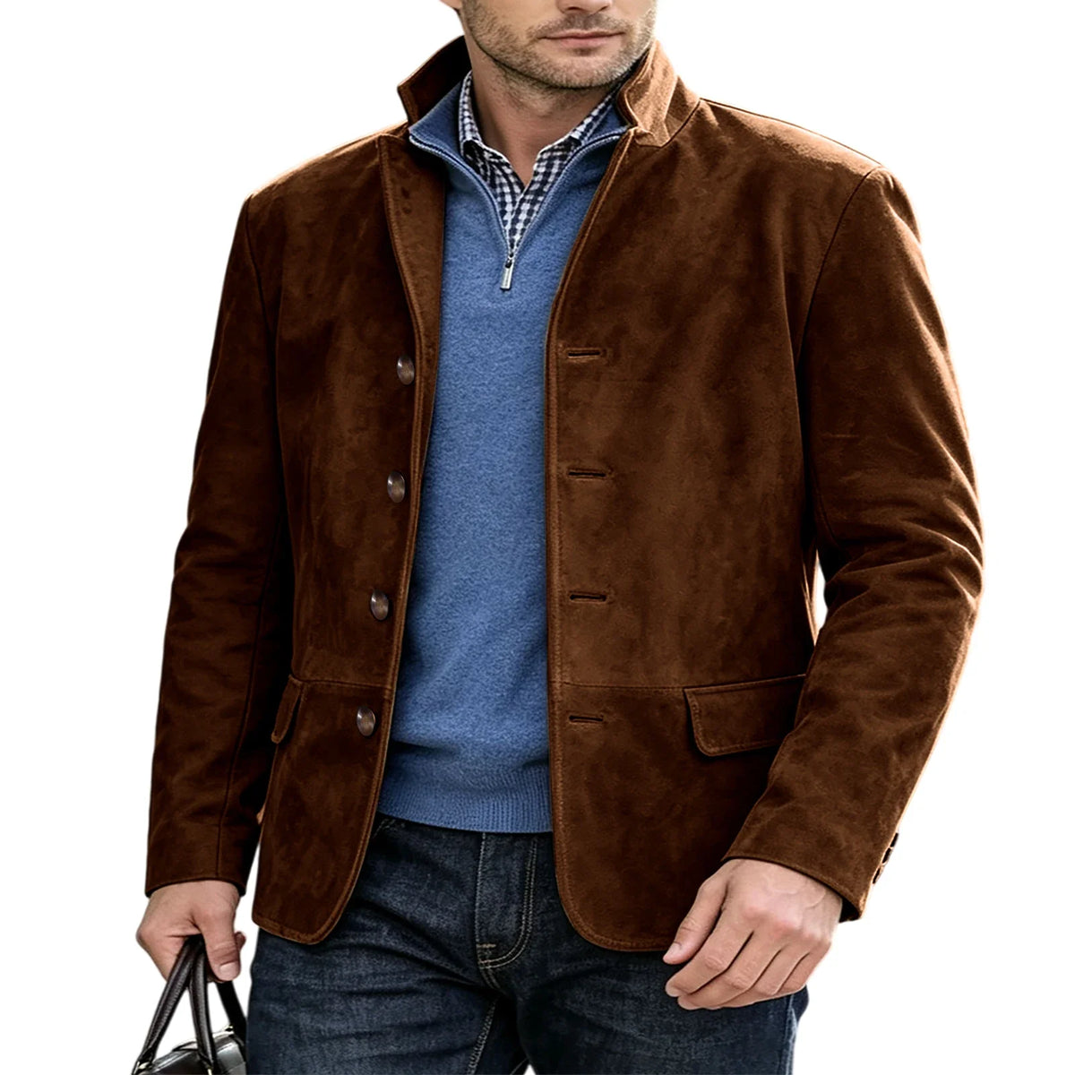 Men's Suede Blazer Single Breasted Slim Fit Classic Stand Collar Suit Jacket for Weddings & Daily Wear