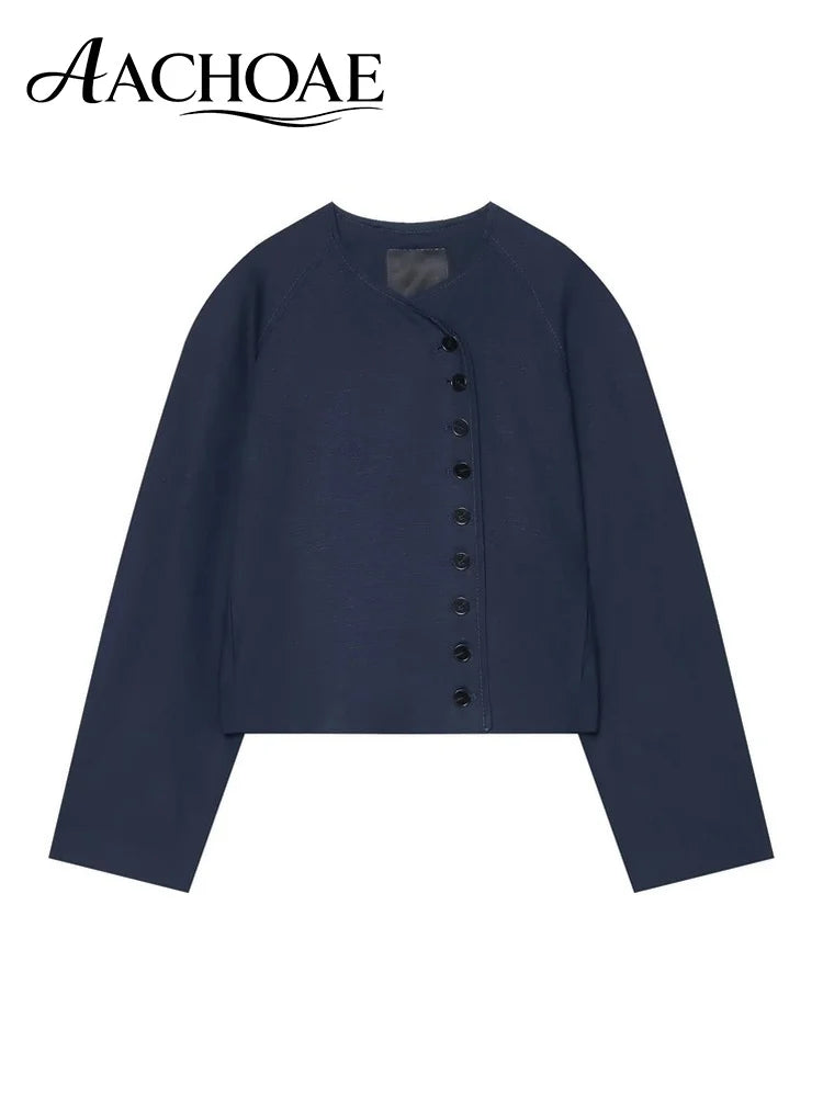 Women Collarless Cropped Blazer Round Neck Button Front Short Jacket Minimalist Loose Office Lady Casual Outerwear