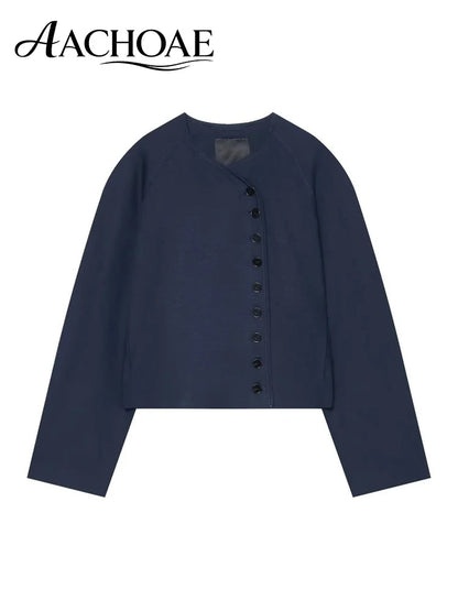 Women Collarless Cropped Blazer Round Neck Button Front Short Jacket Minimalist Loose Office Lady Casual Outerwear
