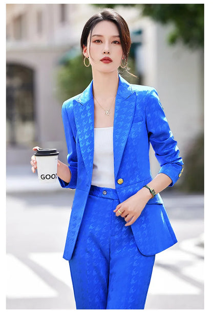 Fashion Ladies Formal Pant Suit Women Houndstooth Single Button Jacket And Trouser Female Business Work Wear 2 Piece Blazer Set