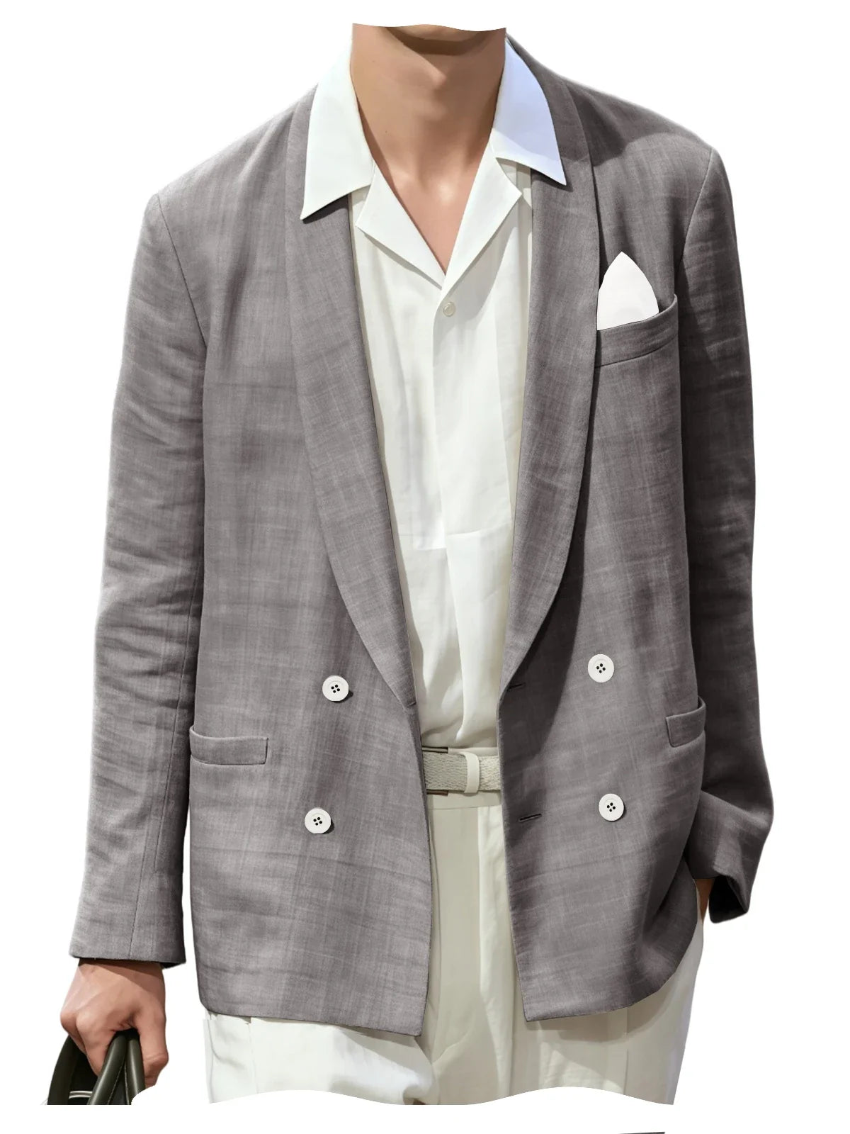 Summer Cotton Linen Blend Men Blazer Double Breasted Casual Suit Jacket Lightweight Soft Elegant Dress Coat For Prom Work Party