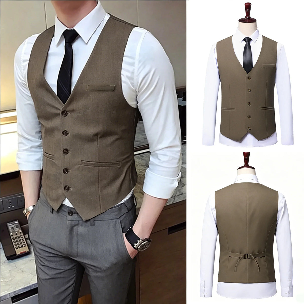 Men's Plus Size Vest Checkered Single Breasted Waistcoat for Wedding Groom Groomsmen