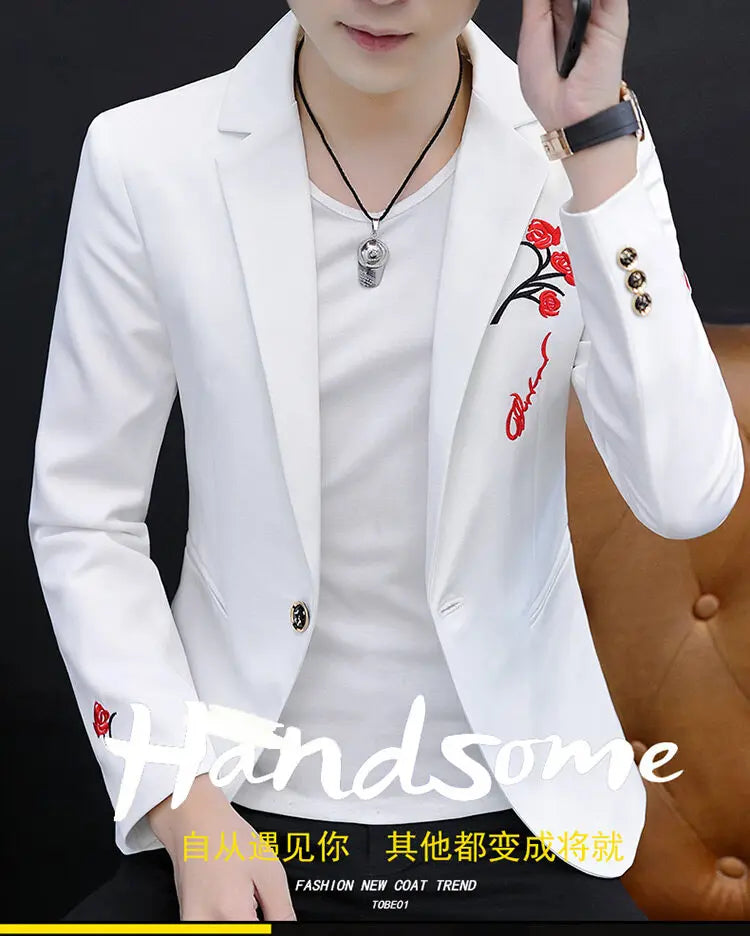 2025 New Korean Flower Embroidered Casual Suit Jacket Men Fashion Slim Fit Hairstylists Social Street Wear Blazers Men Clothing