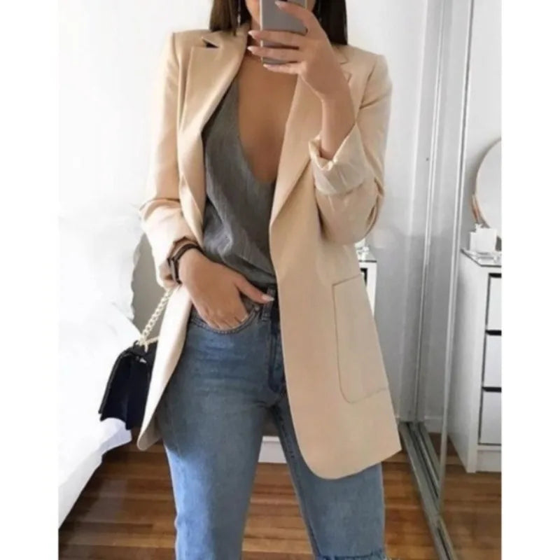Women's Casual Blazer Notched Lapel Long Sleeve Open Jacket with Pockets Slim Fit Spring Autumn Office Lady Streetwear Coat