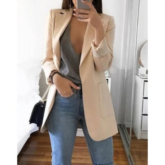 Women's Casual Blazer Notched Lapel Long Sleeve Open Jacket with Pockets Slim Fit Spring Autumn Office Lady Streetwear Coat