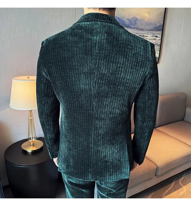 ( Jacket+Pants) Men Corduroy Suit Two-Piece Set High Quality Italian Style Business Suit Luxury Men Formal Wedding Groom Tuxedos