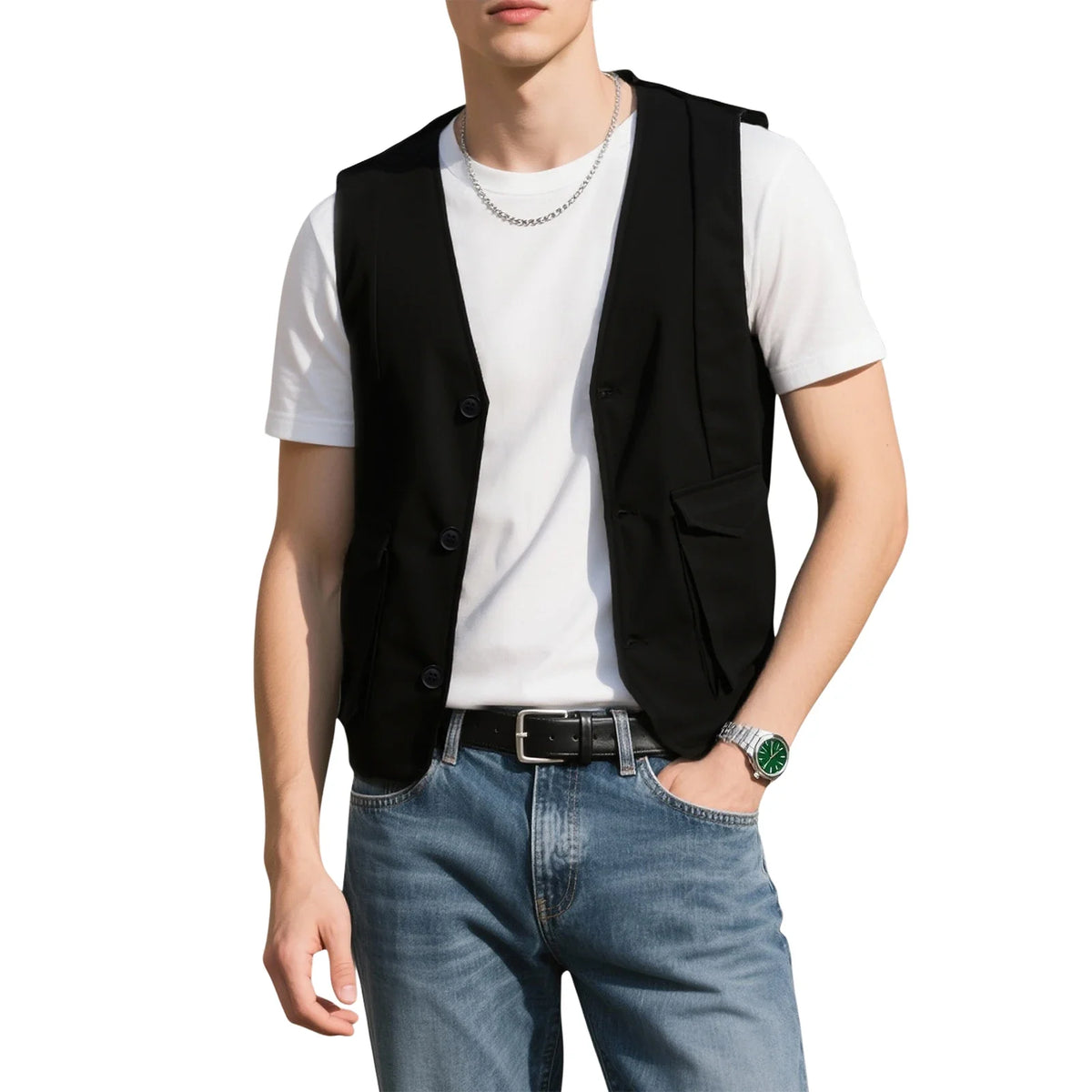 Men's Vest Solid Black Slim Fit V-Neck Single Breasted Sleeveless Waistcoat
