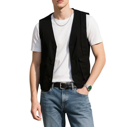 Men's Vest Solid Black Slim Fit V-Neck Single Breasted Sleeveless Waistcoat