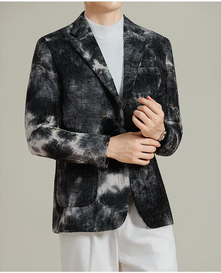 Autumn Korean Slim Fit Suit Jacket for Men Tie Dye Chenille Fashion Casual Suit Jacket Warm Business Social Formal Men Blazers