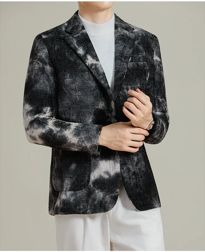Autumn Korean Slim Fit Suit Jacket for Men Tie Dye Chenille Fashion Casual Suit Jacket Warm Business Social Formal Men Blazers