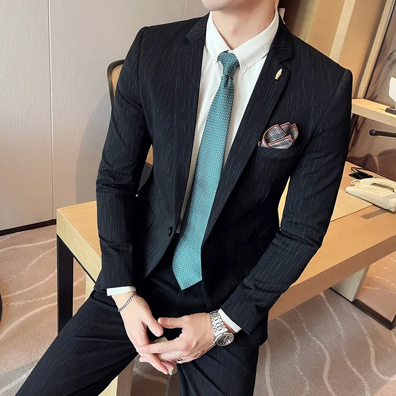 7XL 6XL(Jacket+Pant）Fashion Striped Men Slim Fit Suit Groom Wedding Tuxedo Formal Business Party Slim Fit Social Stage Costume