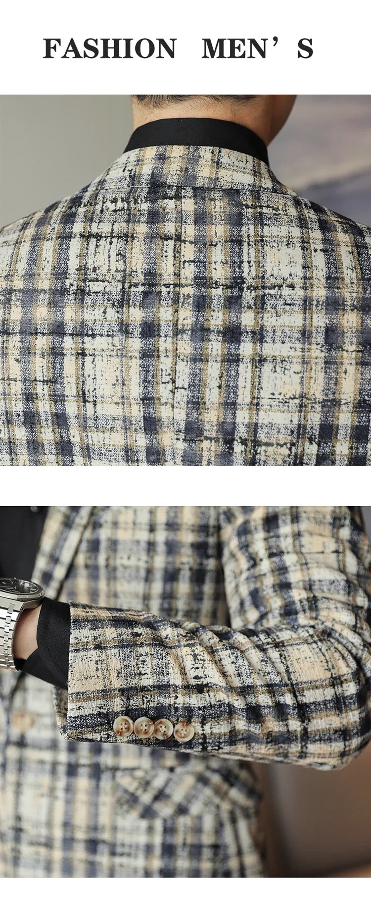 British Style Plaid Woven Casual Suit Jacket for Men Slim Fit Business Social Dress Coats Wedding Party Banquet Office Blazers